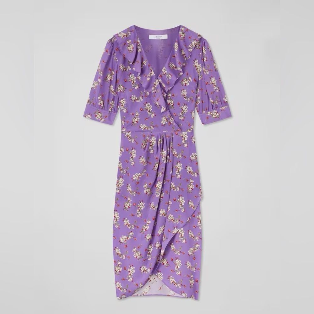 LK Bennett Ophelia Purple Cherry Blossom Print Ruffle Dress NWT